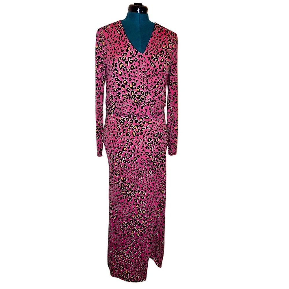 Colleen Lopez Long-Sleeve Surplice Maxi Dress Spring Berry Leopard Print Medium
